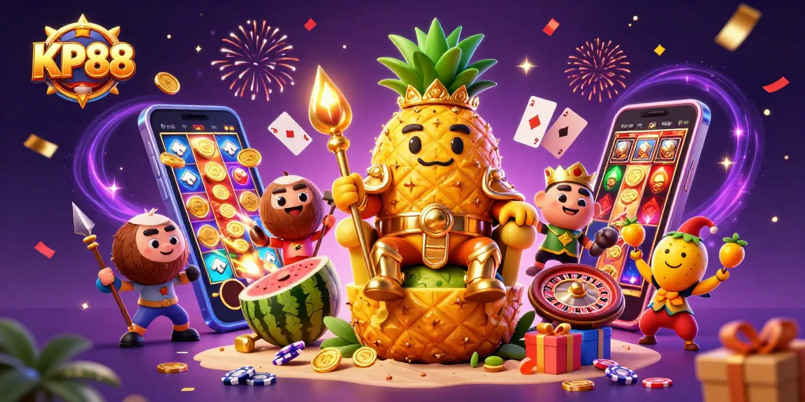Experience the thrill of KP88 with golden coins and vibrant slot games in this lively casino scene.