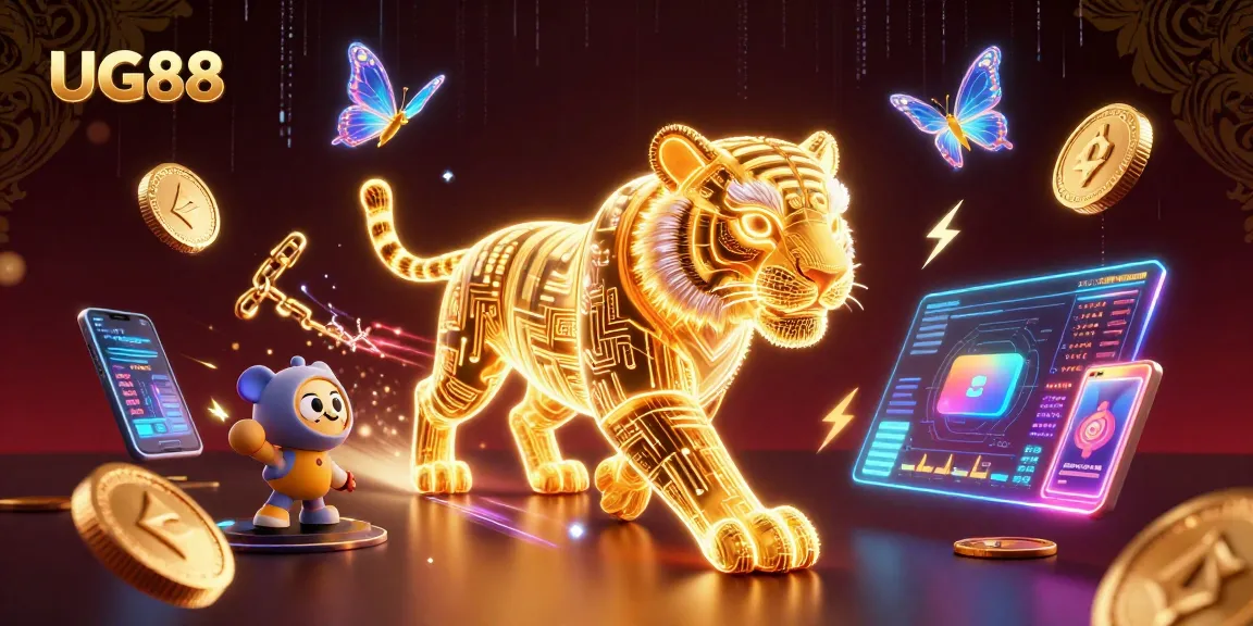 Experience thrilling gameplay at UG88, featuring neon tiger graphics amidst vibrant crypto elements in an exciting casino.
