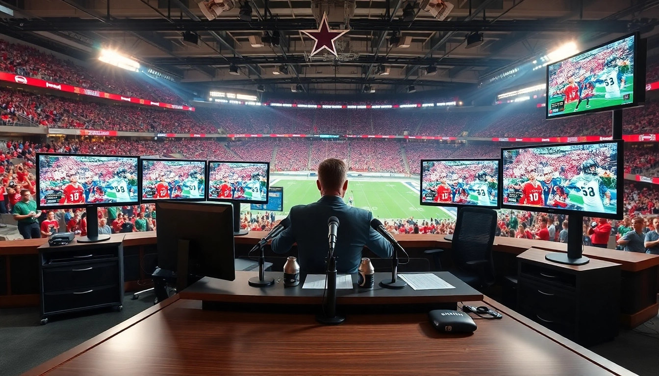 Engaging sports broadcasting scene with an announcer in a dynamic stadium setting.