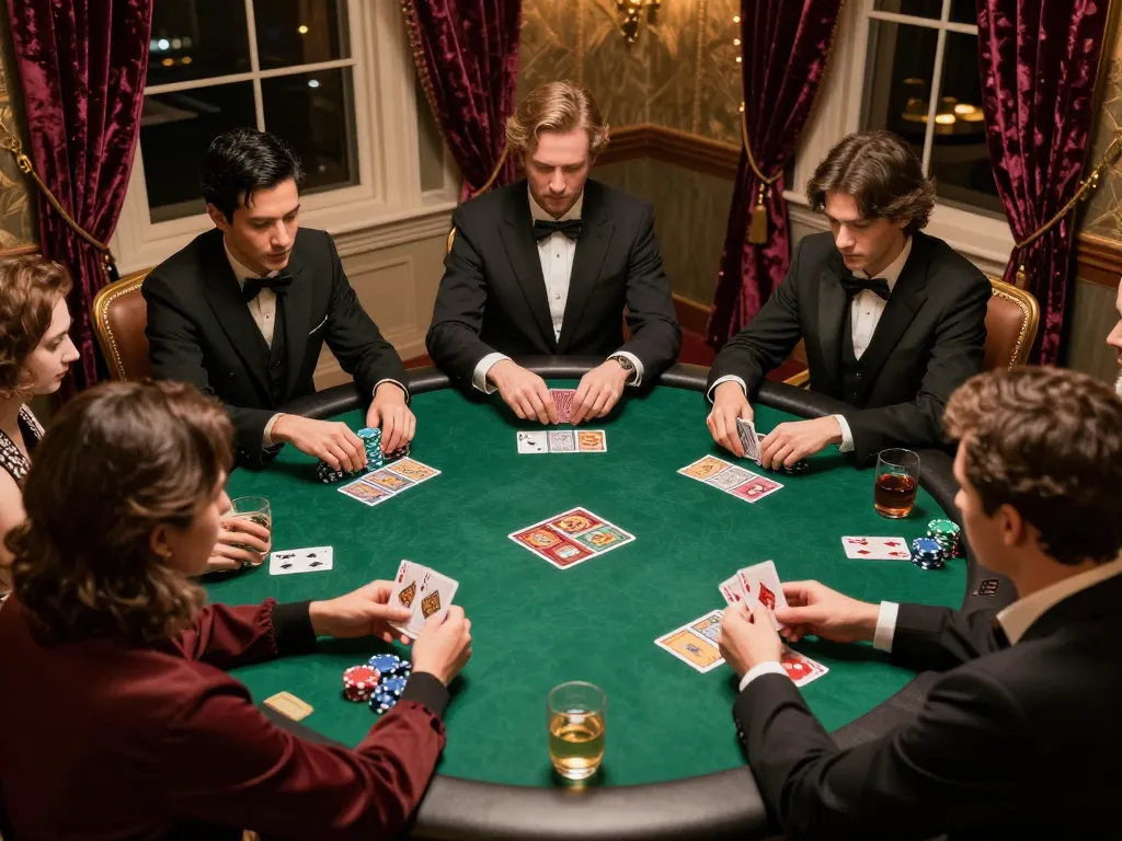 Engaged players in a strategic HITCLUB poker game surrounded by snacks and drinks in a luxurious setting.