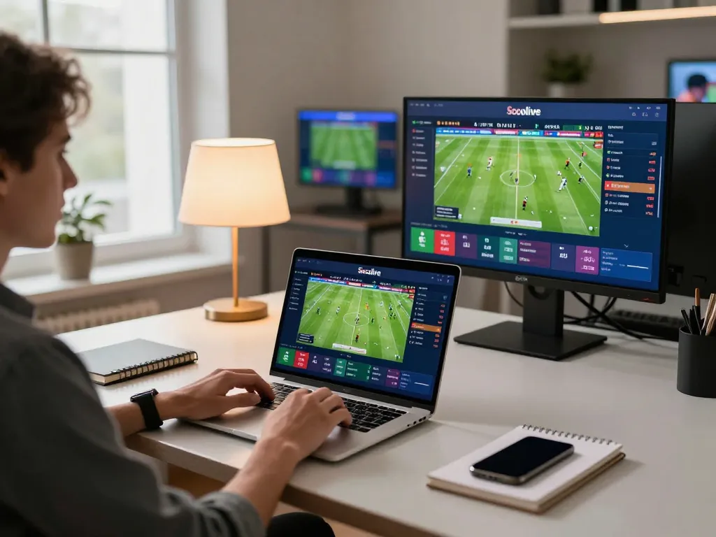 Socolive user engaging with live sports betting interface on laptop, showcasing vibrant match displays.