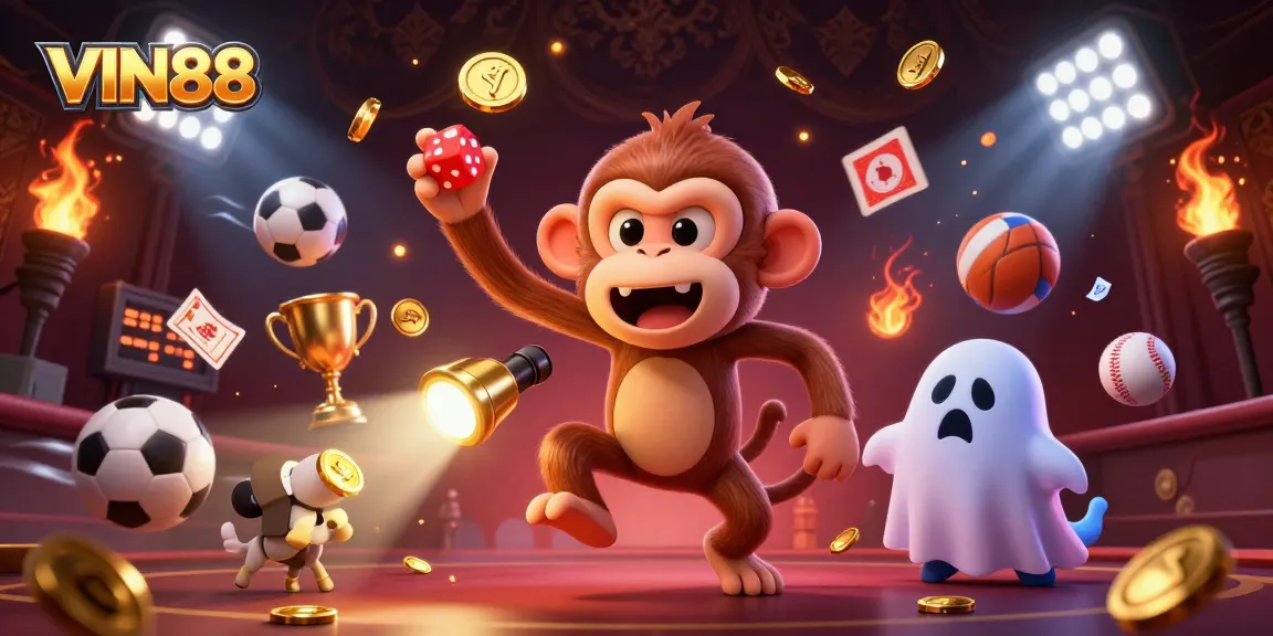 Experience thrilling gameplay with VIN88, as mischievous characters juggle golden casino items.