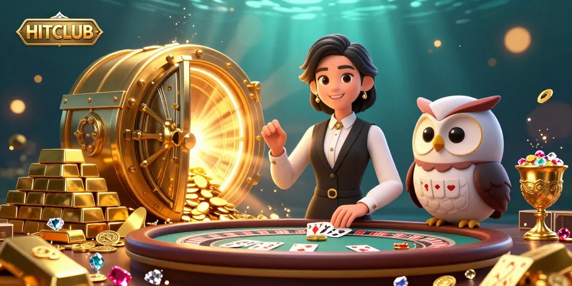 Win big at HITCLUB with an elegant casino scene showcasing a dealer and treasures.