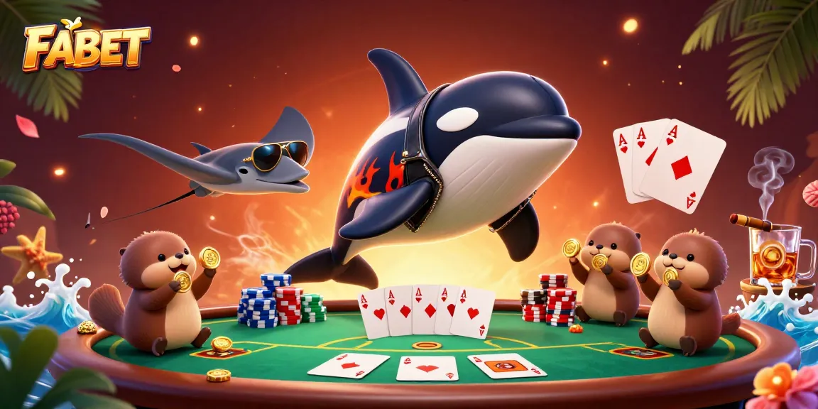 FABET showcases a lively casino scene with a spirited orca whale and a stingray amidst poker elements.