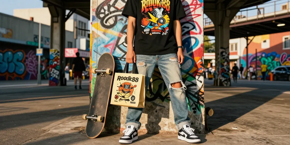 Stylish individual with rokok88 merchandise bag in urban streetwear setting.
