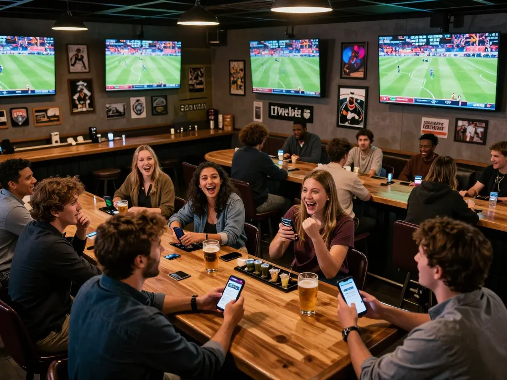 Engaged patrons using the DEBET app for sports betting in a lively bar atmosphere
