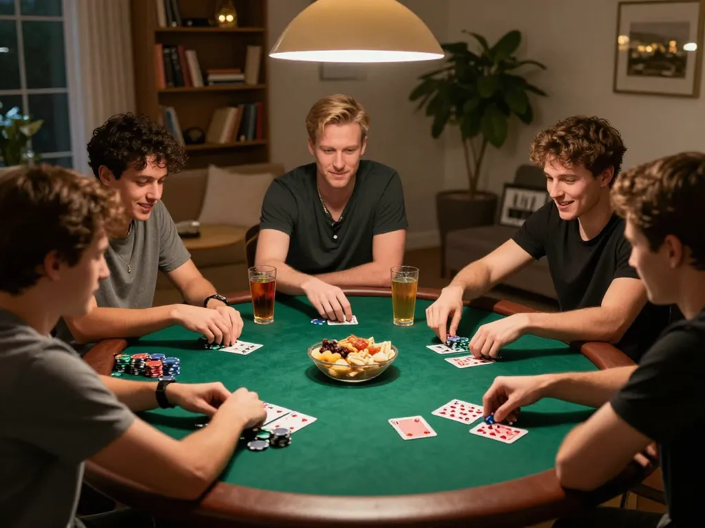 Friends enjoying an intense poker game session at home while using hm88 platform for strategy