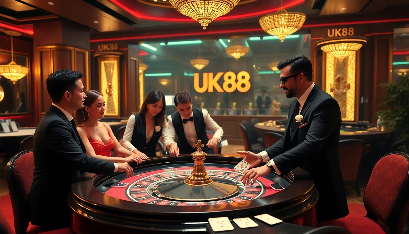 Players enjoying a thrilling roulette game at UK88 casino, surrounded by vibrant decor.