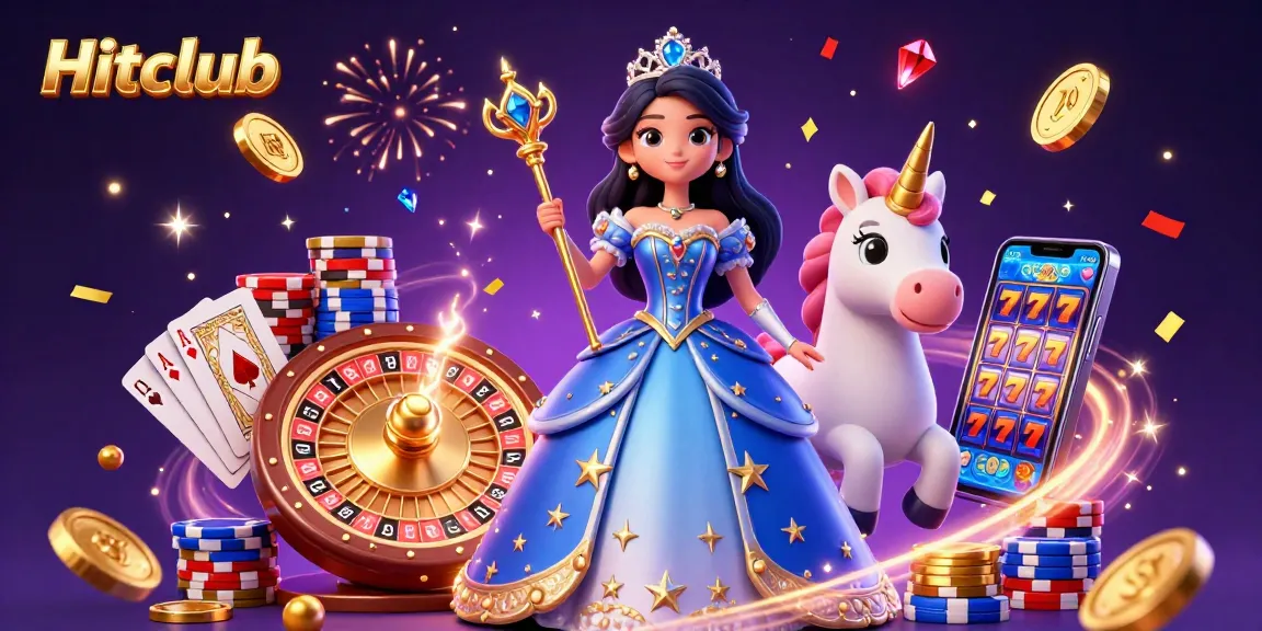 Win big with Hitclub as a stunning woman in regal attire joins a magical unicorn amidst vibrant casino elements.