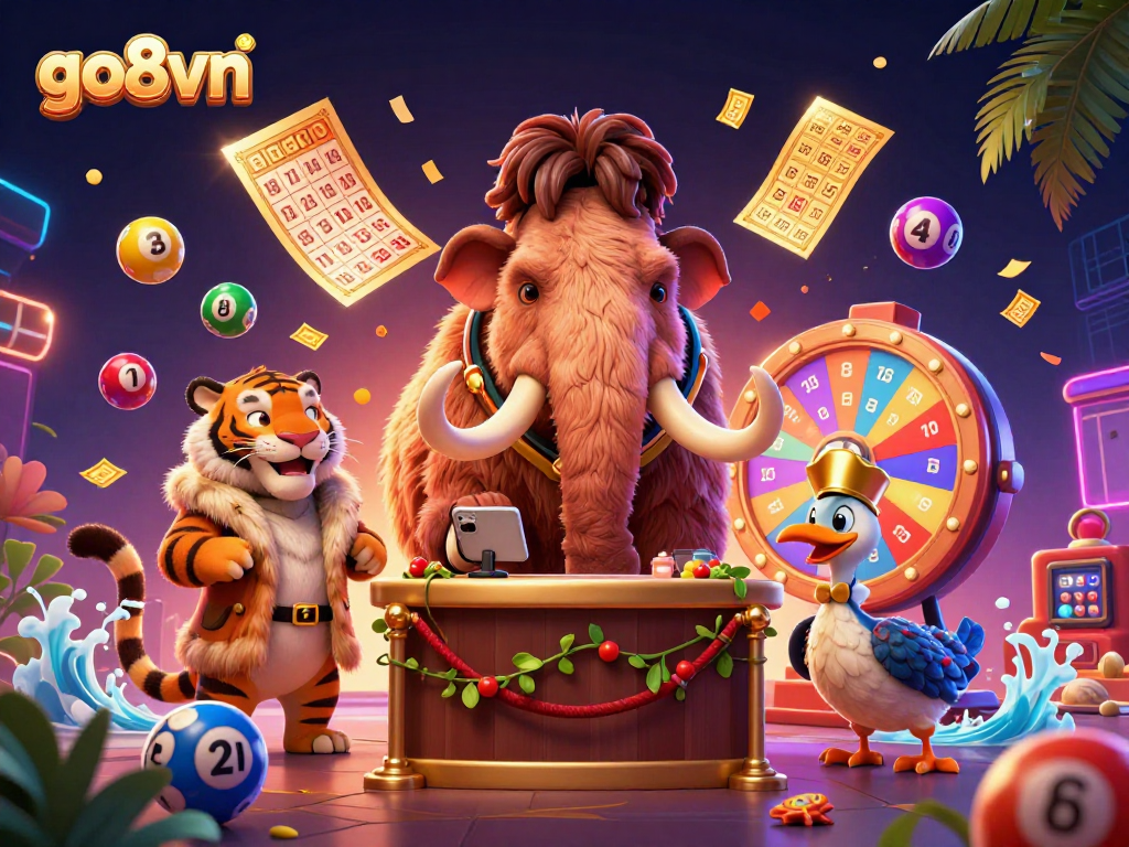 Experience excitement at go8vn with a 3D illustration of a casino scene featuring a woolly mammoth bouncer and vibrant lottery balls.