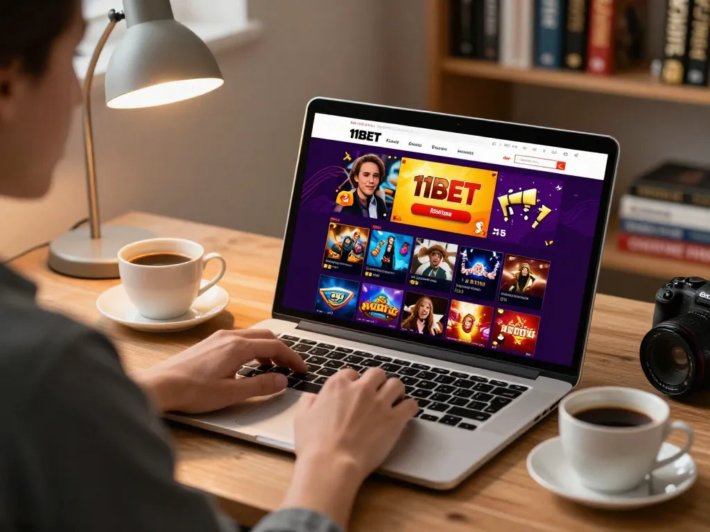 11BET online betting interface displayed on a laptop, showcasing various game options and user stats in a cozy home setting.