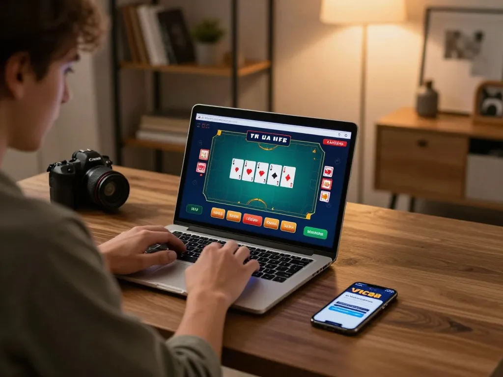 Engaging online poker scene featuring VIC88 app on laptop, immersive atmosphere, player focused on gameplay.