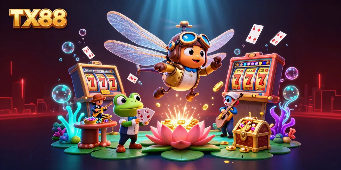 Experience thrilling gaming at TX88 with a vibrant dragonfly pilot, frog croupier, and jazzy musicians.