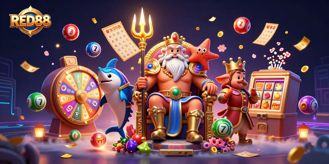 Experience exciting gaming with RED88's vibrant 3D illustration showcasing thrilling lottery activities.