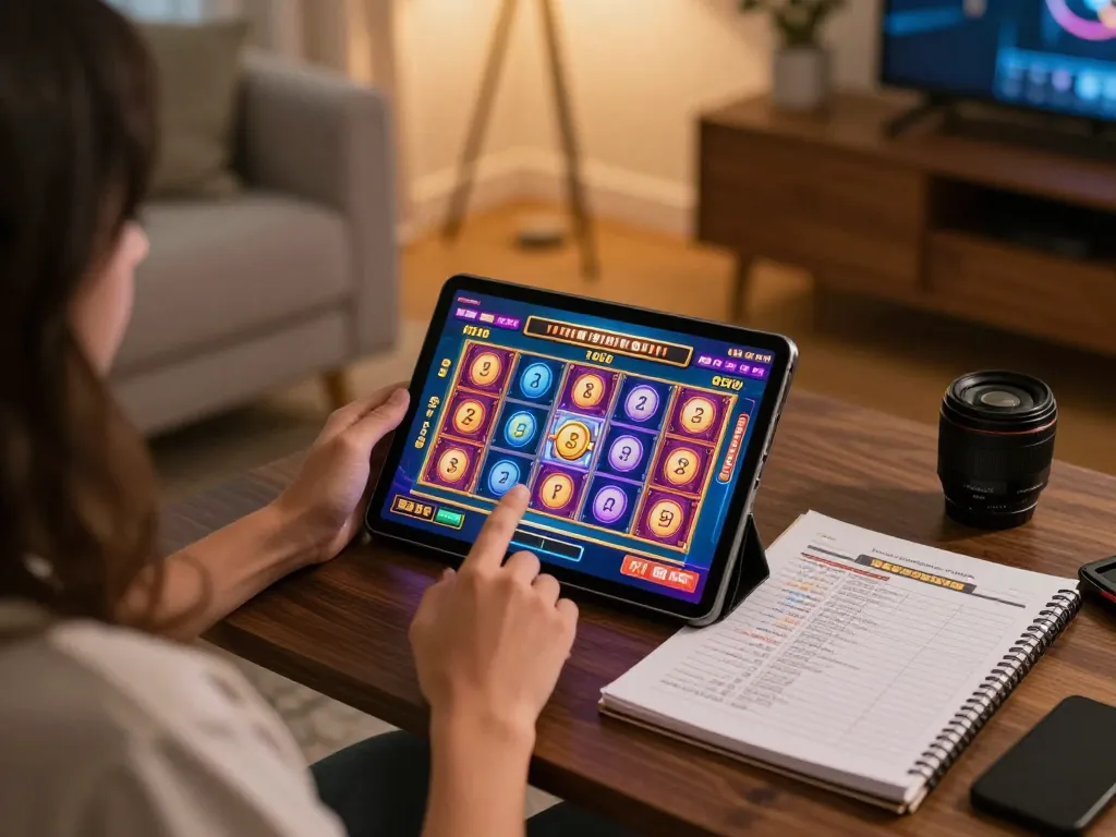 Kuwin player engaged in online slots while enjoying a cozy home atmosphere with strategic notes.