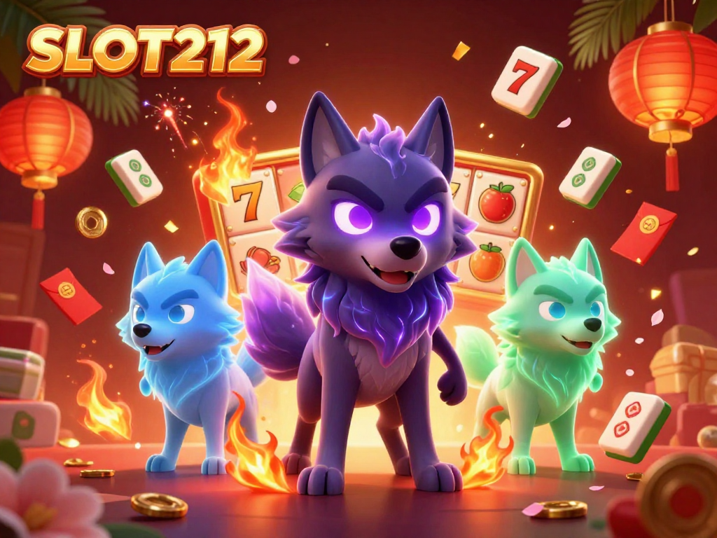 SLOT212 showcases a vibrant slot gaming scene with a spectral wolf leader and dynamic gaming elements.