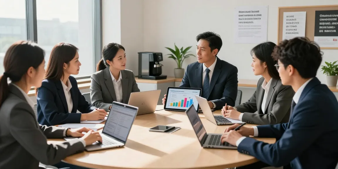 Professionals discussing merchant cash advance companies in a bright office.