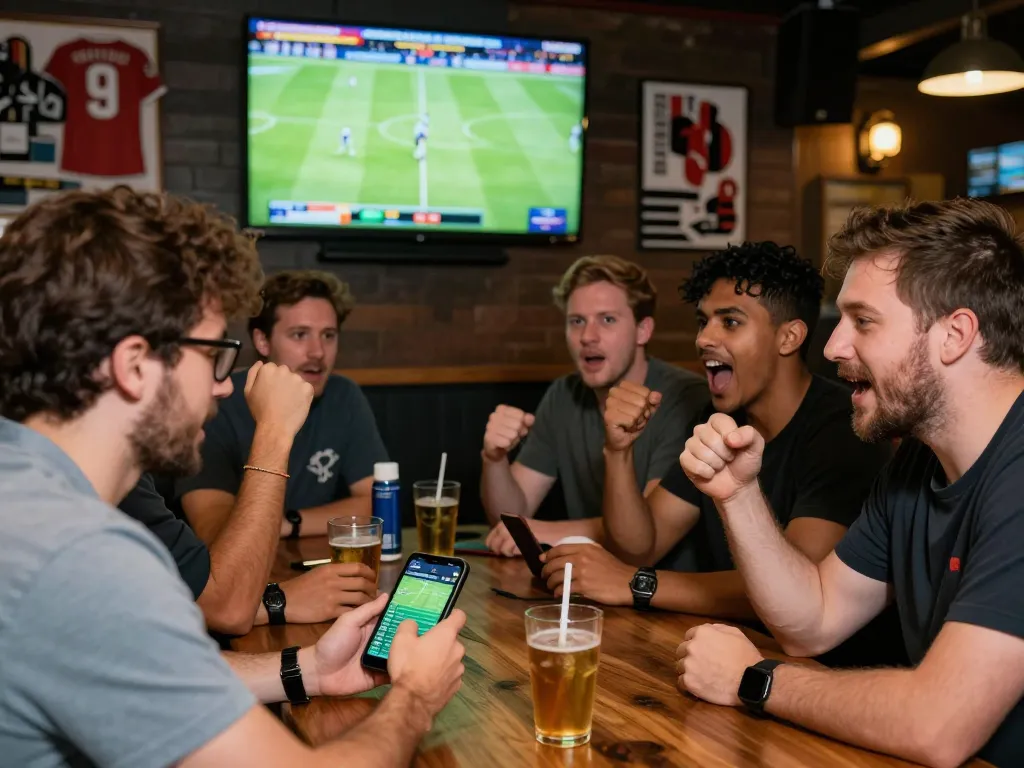 Xoilac enhances sports betting excitement with friends cheering while placing live bets.