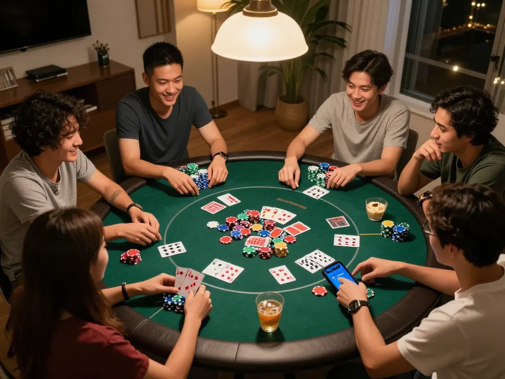 Friends playing poker with go88 app open, vibrant atmosphere and snacks around.