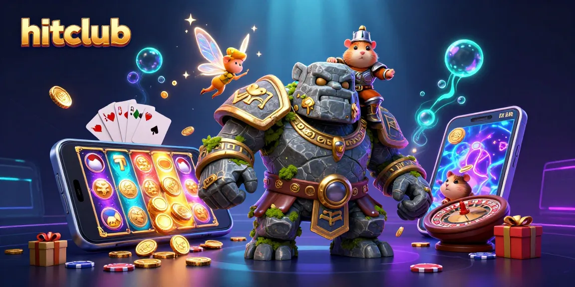 Hitclub features an engaging 3D illustration with a stone golem and fairy amidst dynamic casino elements.