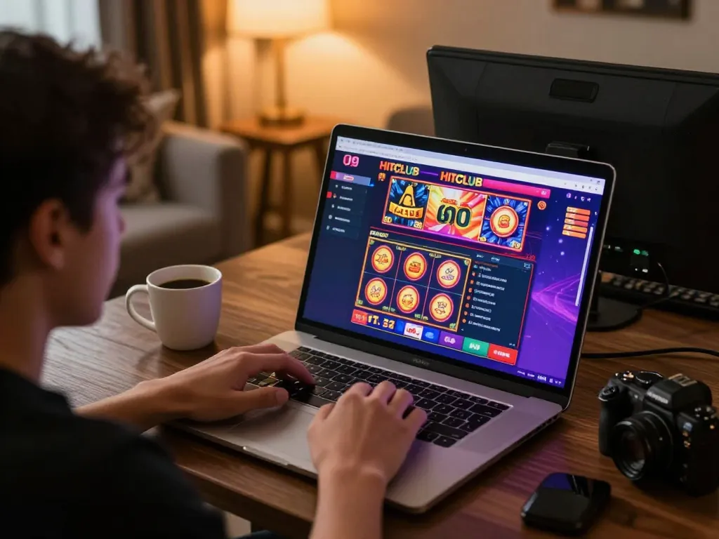 Engaging in online gaming at Hitclub casino with vibrant slot games and cozy home setup.