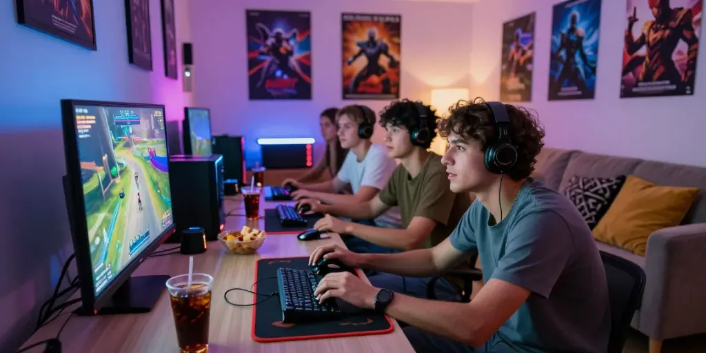 Friends enjoying gaming together in a modern living room, reflecting the community spirit of rokok88.