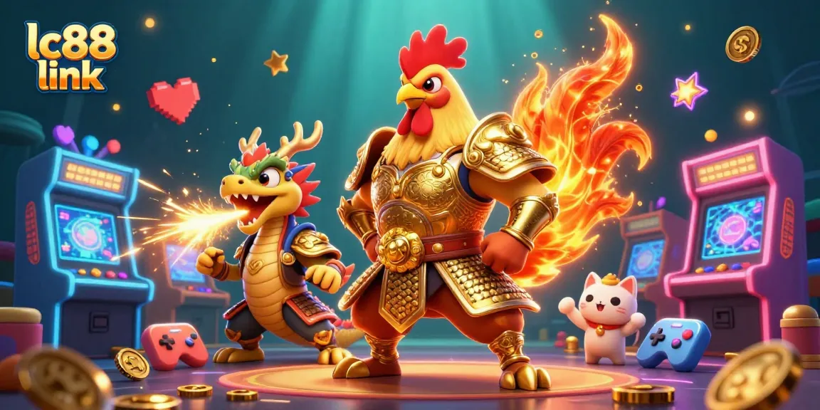 Engage with the exciting lc88 link as a powerful rooster warrior and dragon hatchling showcase vibrant casino gaming elements.