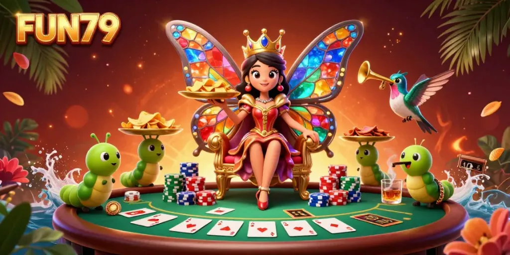 Engage with FUN79's vibrant casino scene featuring a butterfly queen and poker elements.