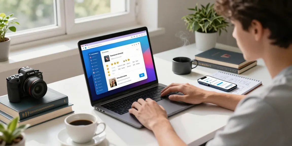 User engaged with Telegram web version on laptop at a modern workspace filled with tech gadgets.