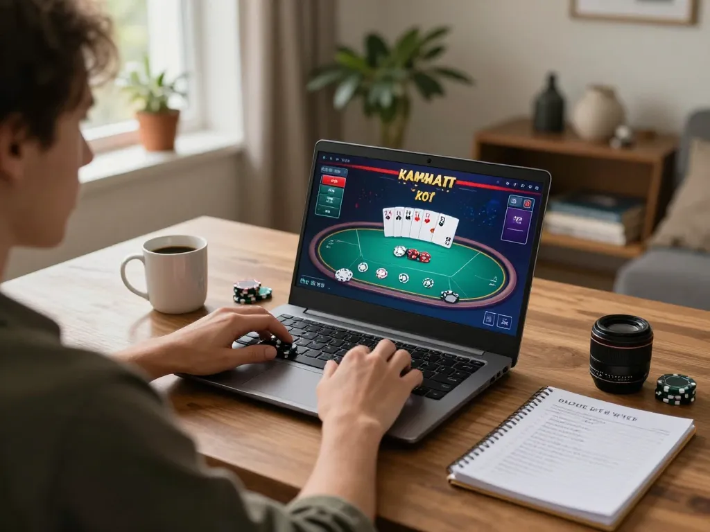 Engage with link f8bet in a cozy home setup during an online poker game.