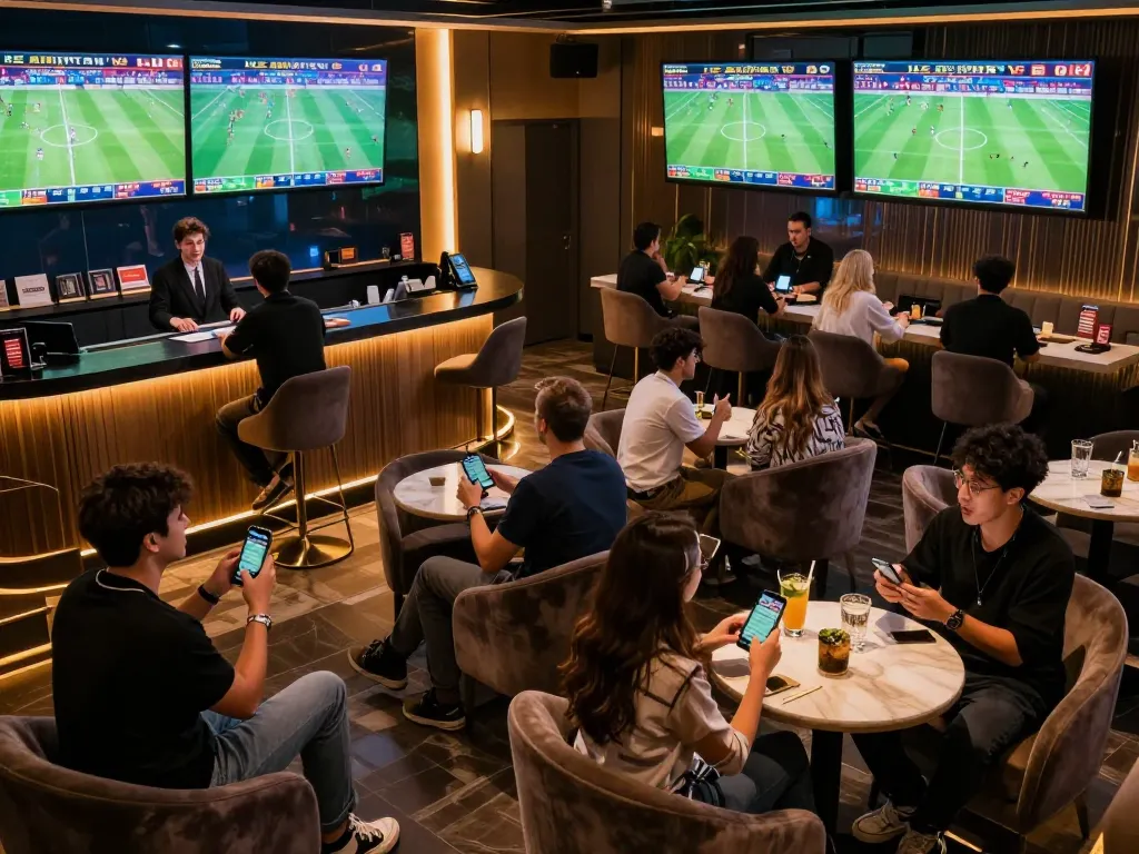 Excited bettors engaging with 11BET sports betting app in a luxury lounge.