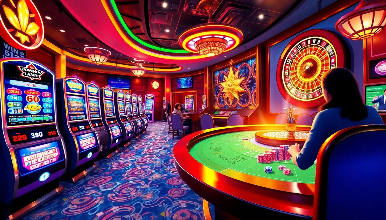 Experience thrilling gameplay at Dominoqiu, showcasing vibrant slot machines and exciting poker action.