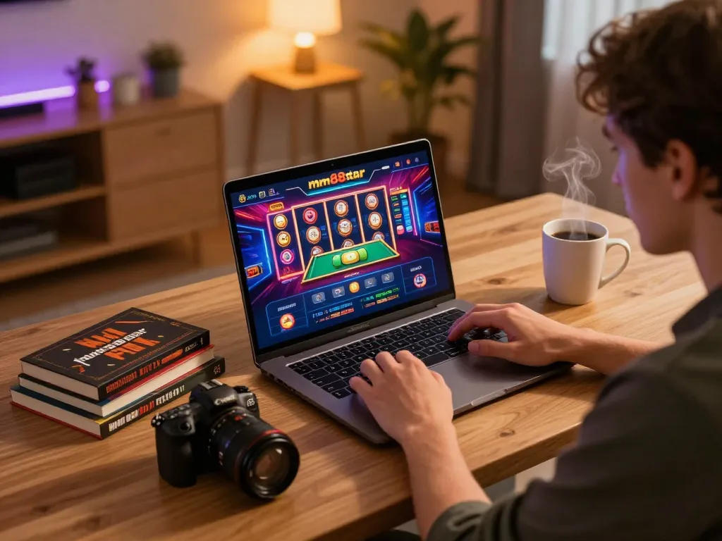 Engaged player on mm88star app analyzing strategies in a cozy home office.