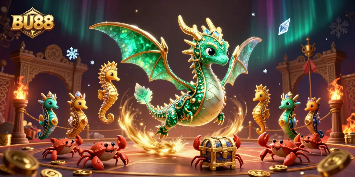Engage with BU88 as the sea dragon navigates a vibrant casino scene filled with treasures.