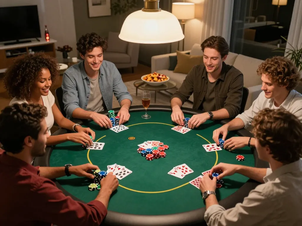 One88 poker night with friends at home, showcasing lively gameplay and social interaction.
