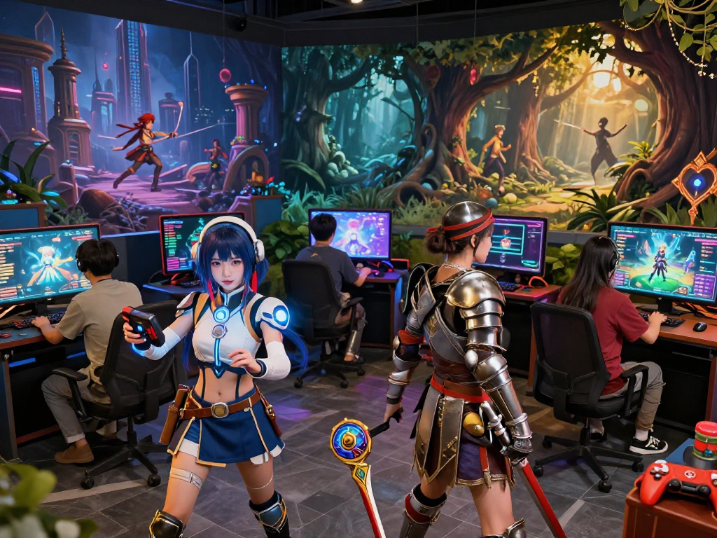 Participants in a lively AI roleplay gaming session showcasing diverse characters and immersive environments.