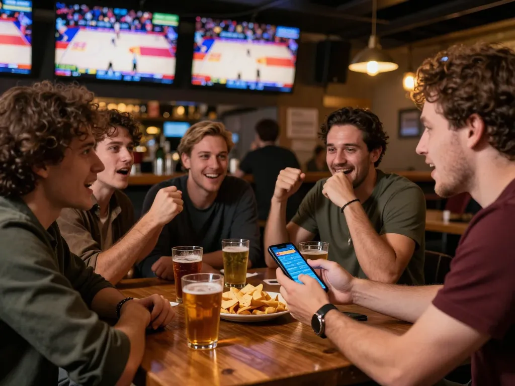 Exciting sports betting moment at HITCLUB with friends watching games, using mobile app for betting.