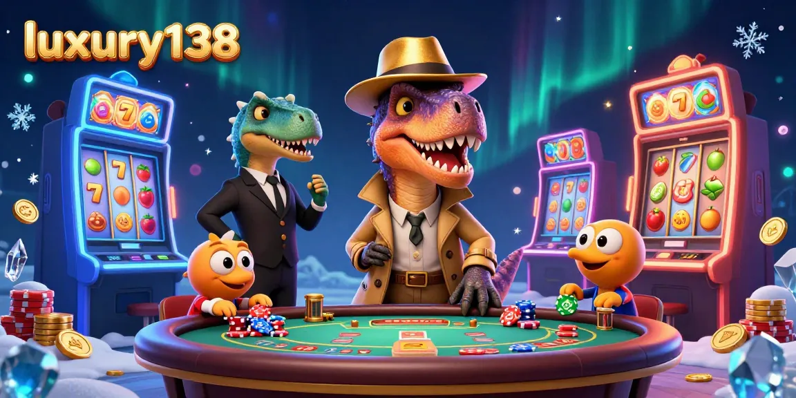luxury138 spins the reels at a vibrant casino, featuring a velociraptor and stegosaurus characters.