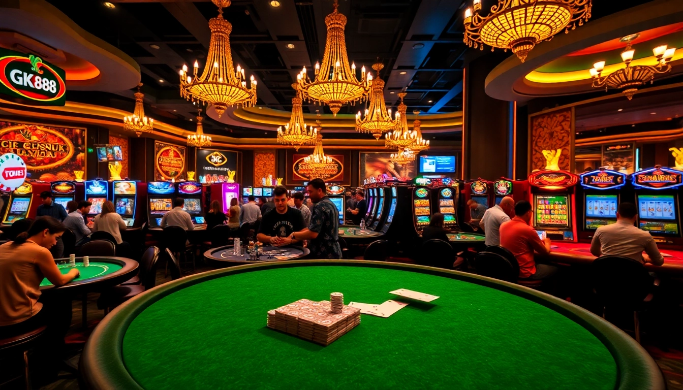 GK 88 casino experience with players engaging at tables and exciting slot machines.