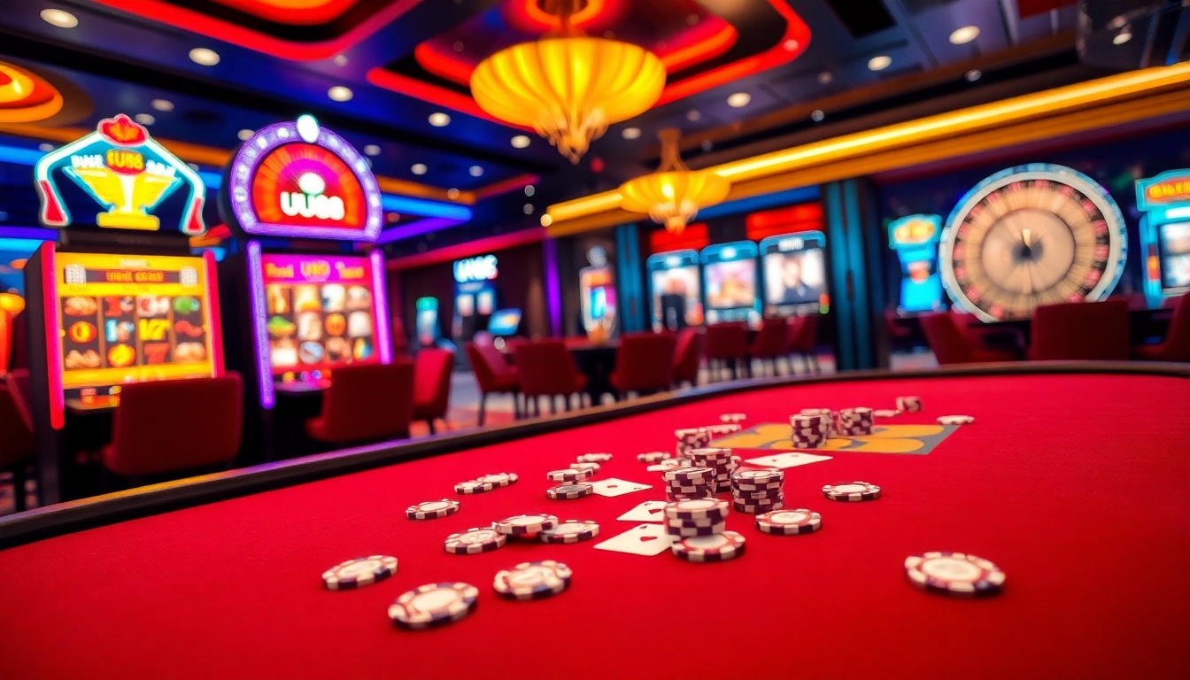 Engaging scene of players enjoying poker at UU88 casino with vibrant chips and cards.