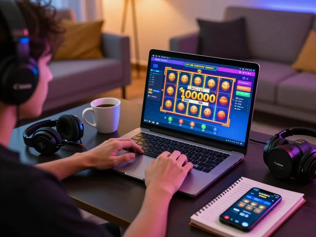 Engaged player strategizing on slot depo 10000 at home gaming setup with vibrant screen and cozy atmosphere