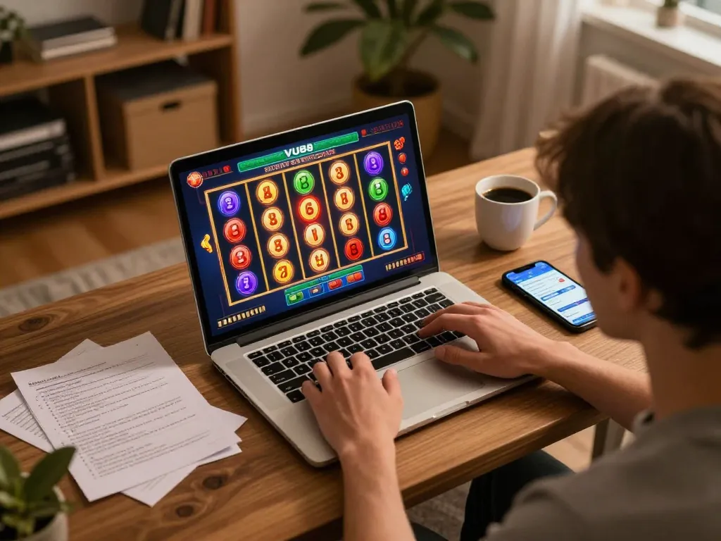 Playing VU88 online slot games on a laptop at home with vibrant graphics and strategic notes.