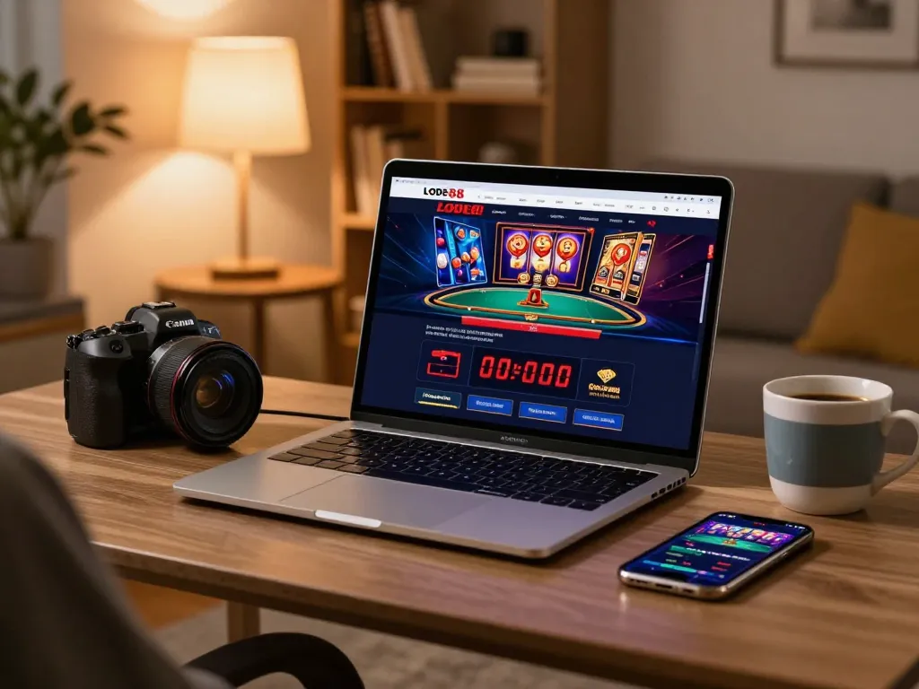 Engaging online casino gameplay at LODE88 on a laptop with mobile gaming ambiance