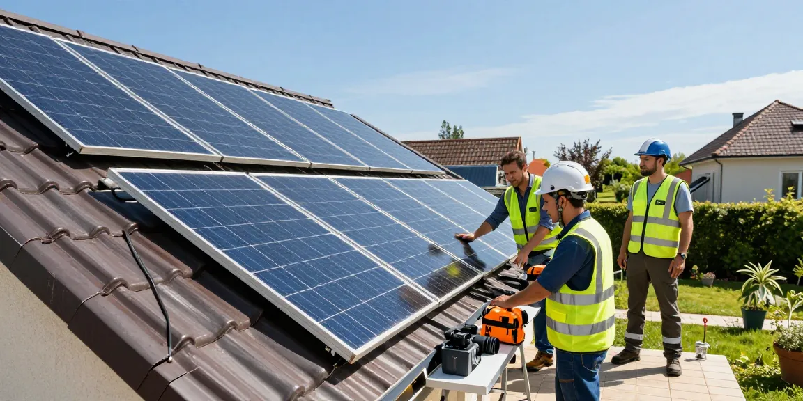 Technicians installing panouri fotovoltaice on a sunlit residential roof, showcasing solar energy solutions.