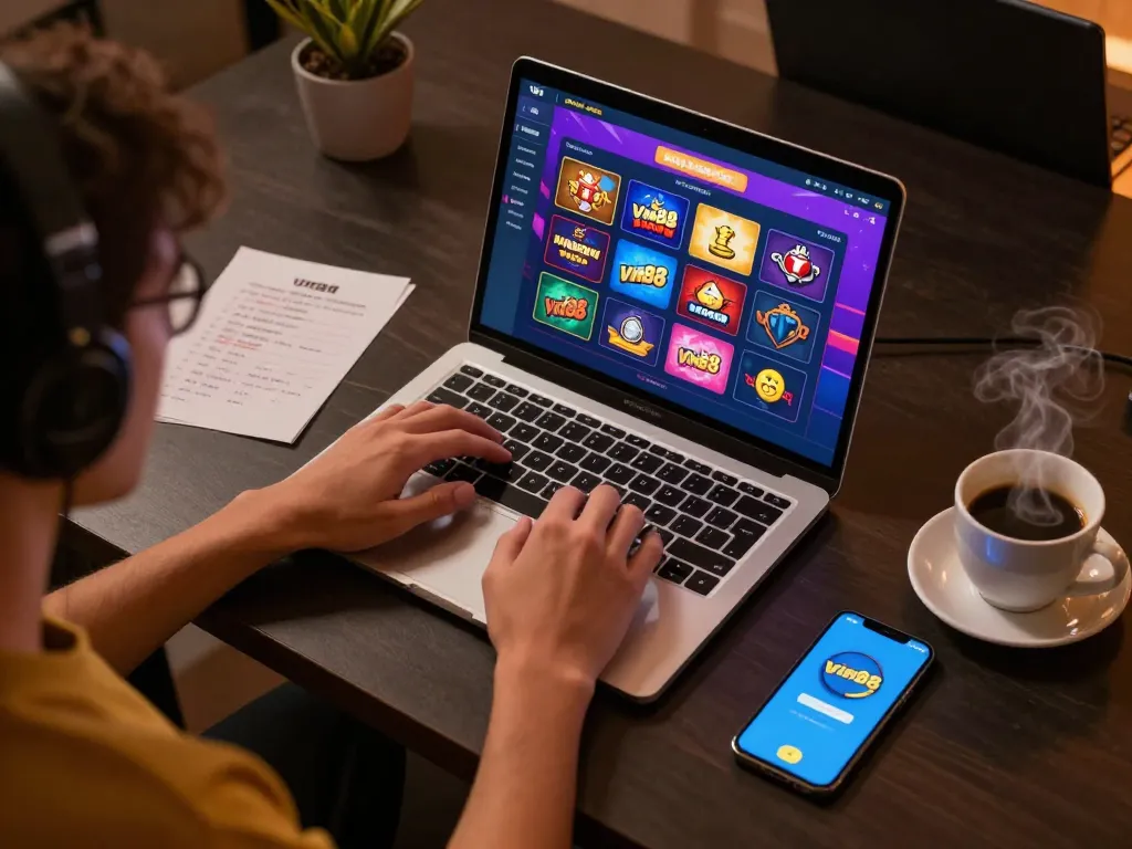 Experience thrilling gameplay at Vin88 by playing in a cozy online setup with vibrant visuals.