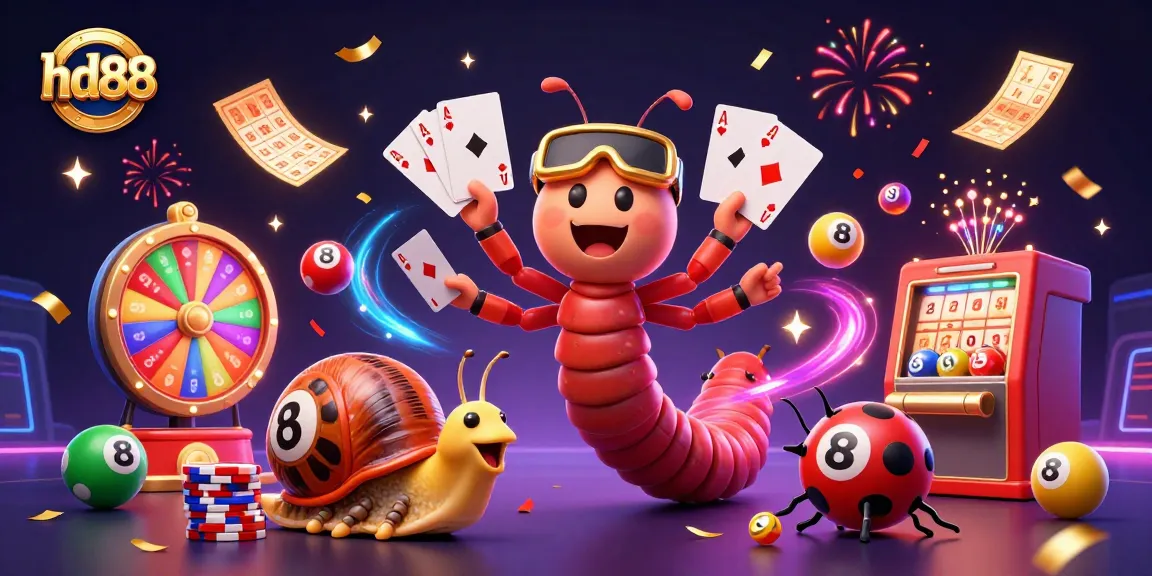 hd88 captures the excitement of gaming with a millipede dealer and snail high-roller in a vibrant casino scene.