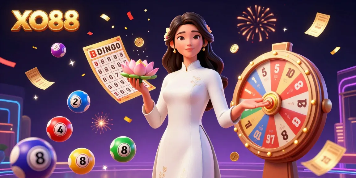 Engage with XO88's vibrant 3D illustration showcasing thrilling lottery excitement and a graceful figure amidst dynamic elements.
