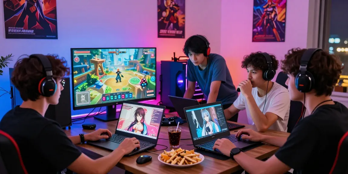 Friends enjoying a multiplayer hentai game session in a vibrant gaming setup with colorful lights.
