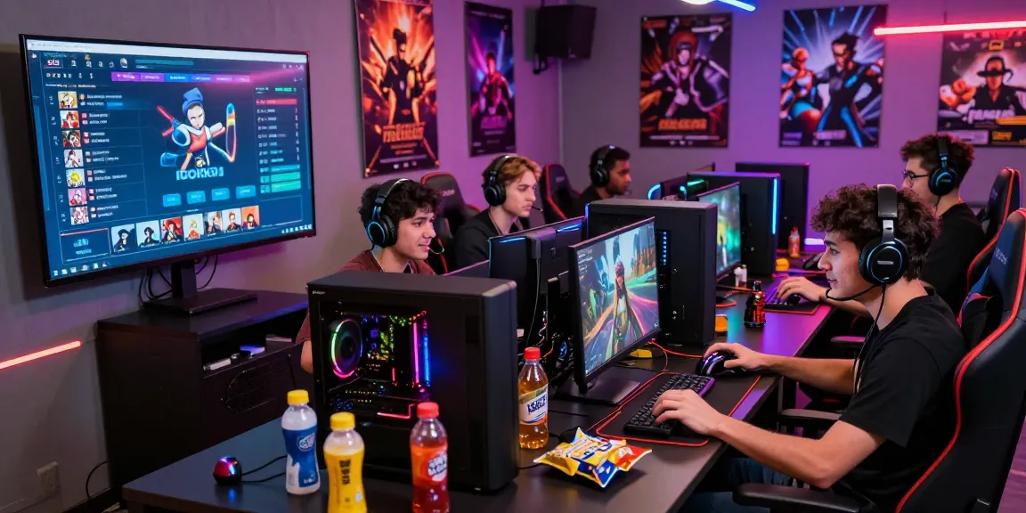 Engaging rokok88 gaming community scene with players, vibrant lights, and competitive atmosphere.