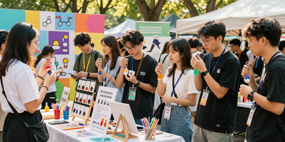 Engaging market scene showcasing diverse individuals enjoying custom keychains while exploring personalized designs.